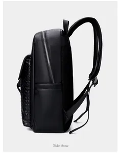 Vue latérale d'un sac à dos en cuir tressé pour homme avec détails de fermeture éclair