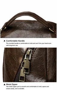 Détails du sac à dos en cuir marron avec poignée souple et doubles fermetures éclair en métal