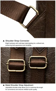 Détail des bretelles réglables en nylon avec boucles en métal bronze sur sac à dos rétro
