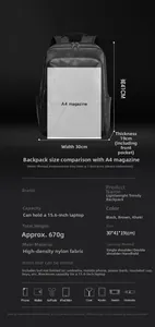Detailed size chart for black business laptop backpack showing 15.6 inch laptop storage