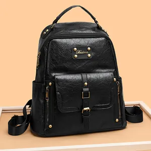 Sac à Dos Vintage en Cuir PU pour Femme Avec Rivets Style Moto Sac d'École Imperméable Grande Capacité Sac de Voyage Étudiant