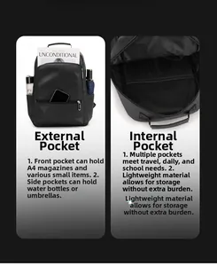 Detail of vintage black leather backpack showing A4 capacity and multi-pocket interior design