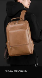 Detailed side view of the dark brown PU leather backpack for business and commuting
