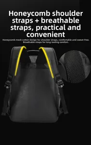 Detail view of breathable honeycomb mesh shoulder straps on a black leather business backpack