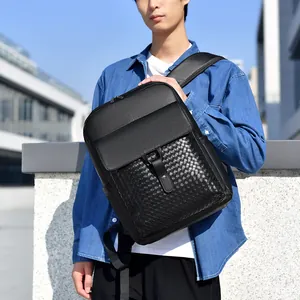 Sac à dos d'affaires en cuir tressé noir pour homme, idéal pour ordinateur et style urbain