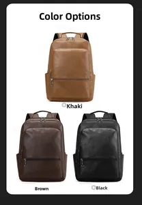 Three colors of faux leather business backpacks in khaki, brown, and black options