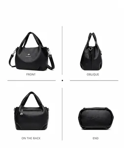 Detail views of black lychee leather tote bag with kangaroo logo and zip pocket