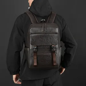 Sac à dos professionnel en cuir marron foncé pour homme avec boucles et grande capacité