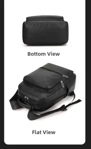 Detail view of the durable bottom and flat lay display of this black leather backpack