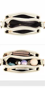 Internal structure of cream leather bucket bag showing three compartments and storage capacity
