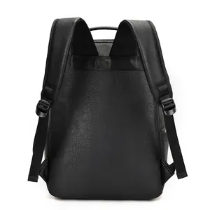 Rear view of black vintage faux leather business laptop backpack with mesh padded straps