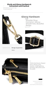 Macro details of premium gold-toned metal hardware on black lychee leather bag