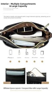 Internal view of leather crossbody bag showing multiple pockets and storage capacity