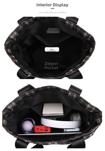 Détail de l'intérieur du grand sac cabas à carreaux avec compartiments de rangement