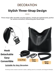 Black pebbled leather bucket bag with three interchangeable shoulder straps and silver hardware