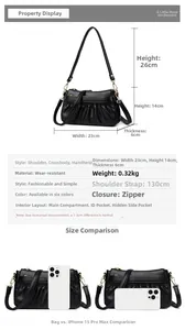 Detailed size comparison of the pleated leather crossbody bag with iPhone 15 Pro Max