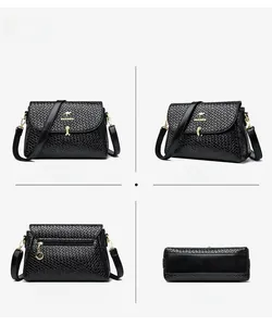 Four views of black woven leather handbag showing front, side, back and bottom structure