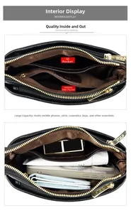 Macro view of tiered interior pockets in black leather bag showing large capacity storage