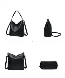 Detailed views of black pebbled leather bucket bag showing multiple angles and textures