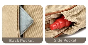 Detail of khaki canvas bag showing a zip back pocket and drawstring side pocket