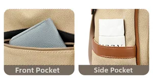 Detail view of front zip pocket and side pocket on British style waterproof backpack
