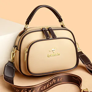 Women Genuine Leather Shoulder Bag Contrast Color Litchi Texture Multi-Layer Crossbody Bag Niche Design Top Handle Bag With Wide Strap