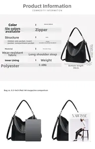 Detailed dimensions of the black leather bucket bag with iPad and A4 size comparison