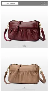 Close-up of litchi grain leather texture and pleated design in purple and khaki colors