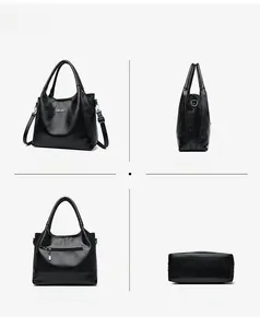 Vues détaillées du sac fourre-tout noir en cuir vintage sous quatre angles avec logo