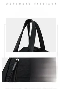 Détail du sac à dos en nylon avec poignée renforcée, zip métallique et logo de marque