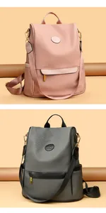 Detail of multi-functional fabric backpacks with leather trim and adjustable straps