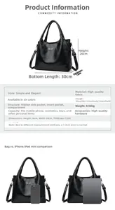 Comparaison de taille du sac à main en cuir noir avec un smartphone et une tablette