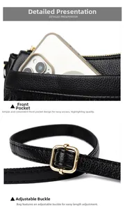 Litchi pattern leather bag detail featuring a front phone pocket and adjustable metal buckle