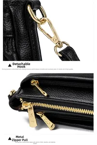 Detail of lychee pattern leather bag with premium gold-tone metal hardware and zipper