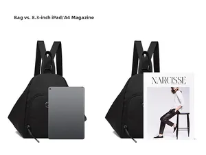 Comparaison de taille du sac à dos de voyage en nylon noir avec iPad 8,3 pouces et revue A4