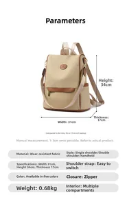 Detailed size specifications of the khaki backpack showing 31x34x17cm dimensions