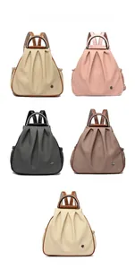 Multiple views of premium leather backpacks in khaki, pink, black, brown and white colors