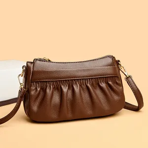 Pleated Genuine Leather Small Square Bag For Women Solid Color Split Cowhide Crossbody Shoulder Bag With Gold Hardware Minimalist Daily Handbag