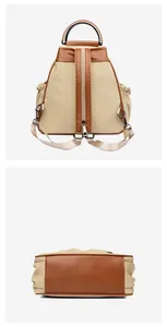Detail of canvas and leather backpack showing back zipper and reinforced brown base