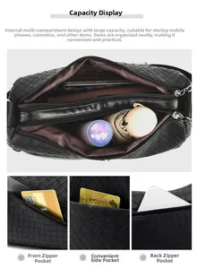 Detailed interior storage and exterior pockets on black woven crossbody shoulder bag