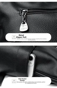 Detail of pebbled leather bag with a branded metal zipper and side storage pocket