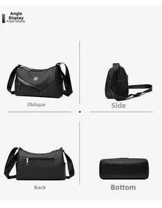 Detailed views of black woven leather crossbody bag with multiple zip pockets and strap