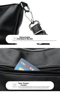 Detail of black pebbled leather handbag with silver detachable clasp and back zipper pocket
