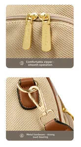 Detail of smooth golden double zipper closure and reinforced hardware on woven backpack