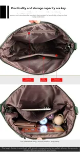 Internal structure of green leather bucket bag with multiple pockets and storage capacity