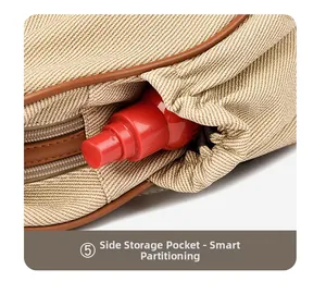 Close-up of side elastic pocket on beige canvas bag with brown leather trim detailing