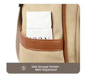 Macro detail of beige fabric backpack side pocket with brown leather trim and bottle