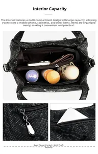 Black snakeskin bag with multi-compartment interior and anti-theft back pocket