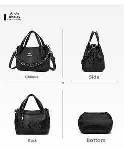 Multiple views of a black snakeskin pattern bucket bag with a chain and kangaroo logo