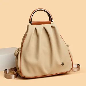 Women Fashion Pleated Backpack Canvas Synthetic Leather Contrast Handbag Large Capacity Travel Bag With Metal Flower Badge
